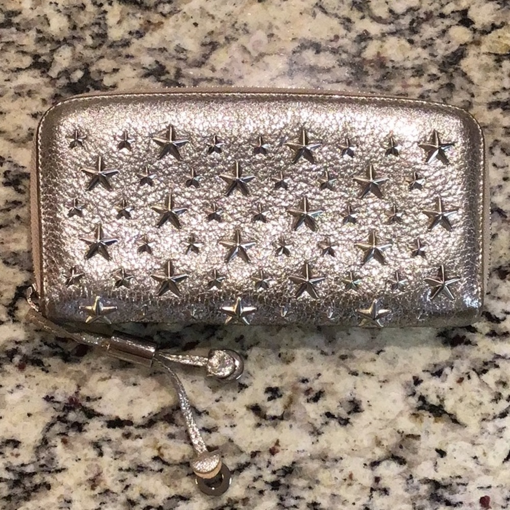 Jimmy Choo Zip Around Stars Silver Metallic Wallet
